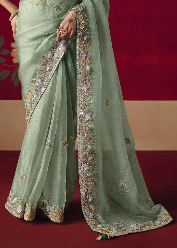 Antique Green Designer Embroidered Saree