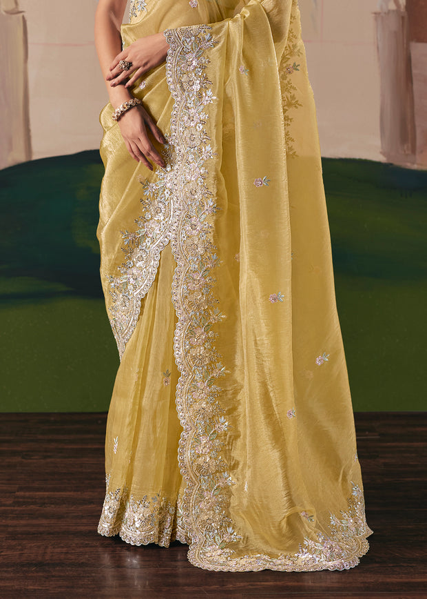Pastel Yellow Embroidered Designer Saree