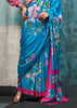 Ocean Blue Satin Crepe Printed Silk Saree
