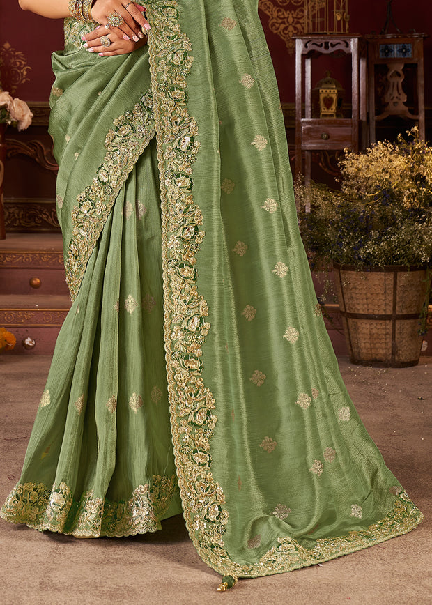 Stone Green Embroidered Tissue Designer Saree
