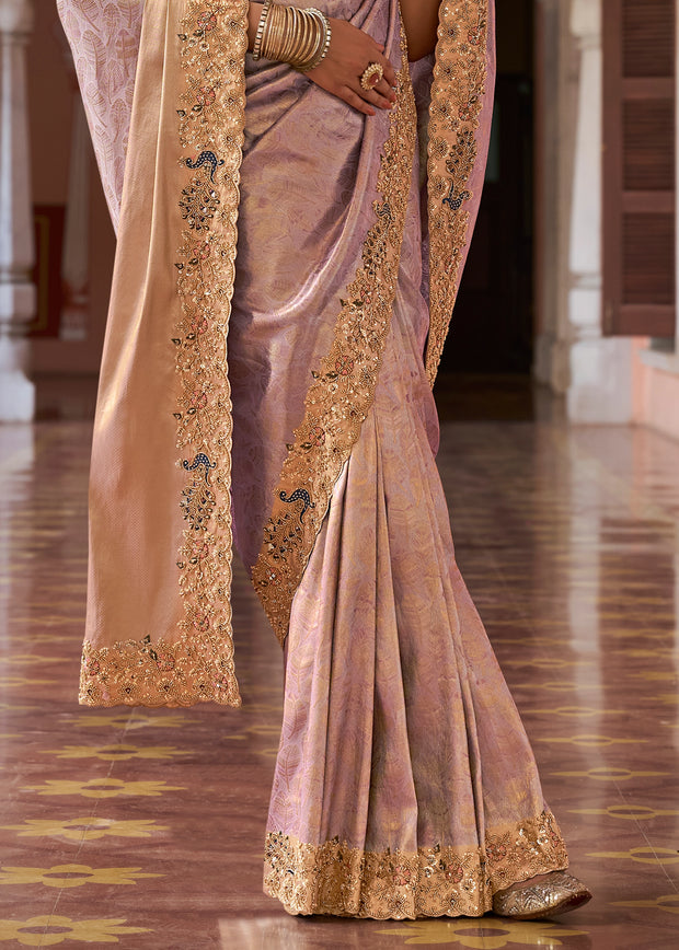 Dusty Lilac Bead Work Kanjivaram Soft Silk Saree