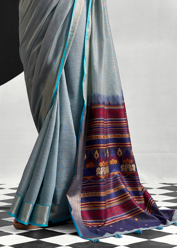 Aquatic Blue Woven Linen Cotton Silk Saree