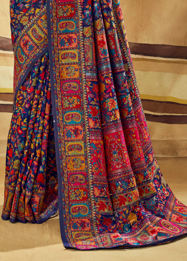 Navy Blue Woven Cotton Kashmiri Jamewar Saree