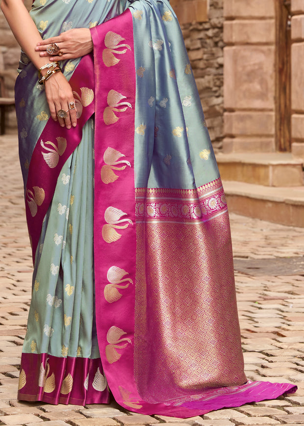 Silver Grey Banarasi Satin Silk Saree