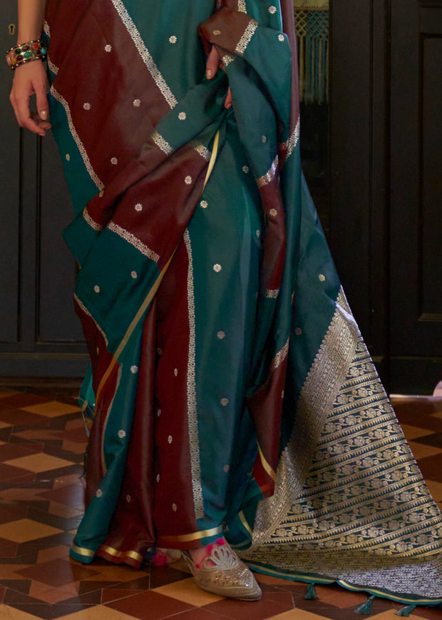 Maroon And Green Rangkat Satin Silk Saree