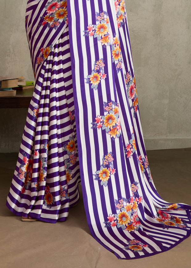 Purple Printed Satin Silk Saree