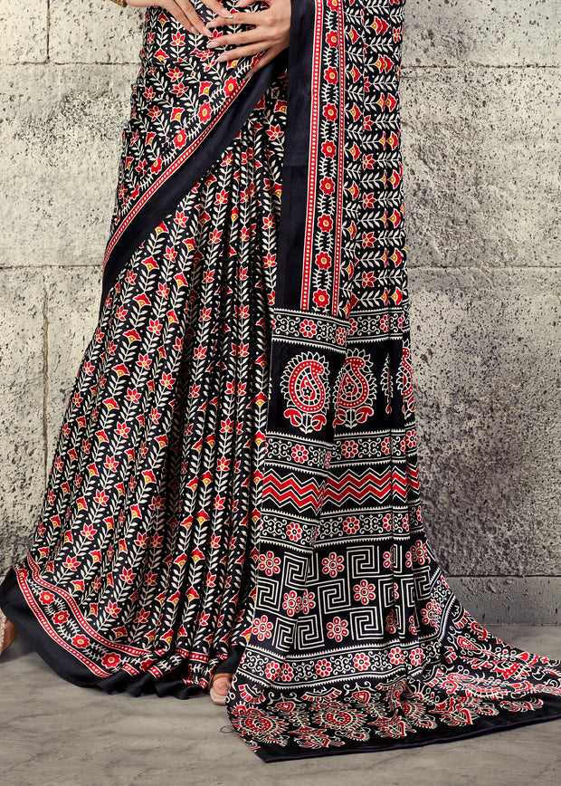Black Printed Satin Silk Saree