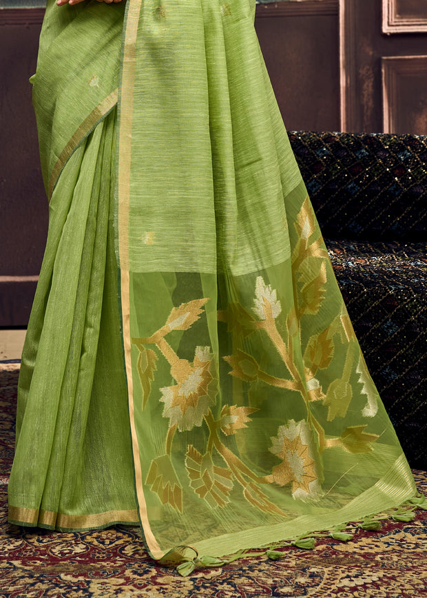 Pistachio Green Woven Cotton Silk Saree