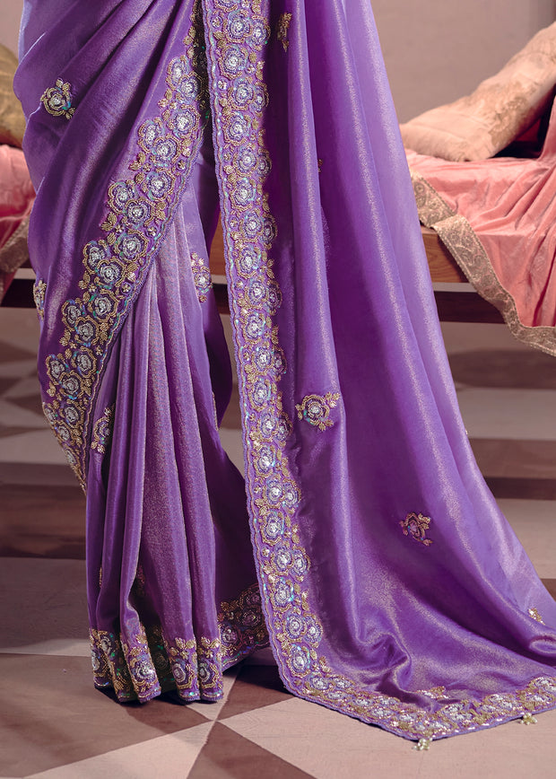 Lavender Purple Embroidered Tissue Designer Saree