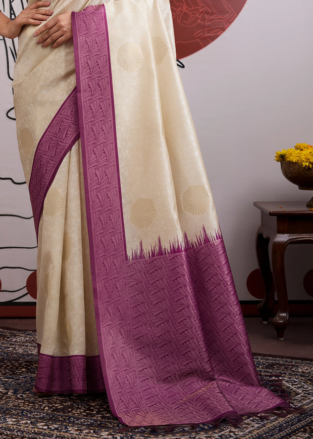 Purple Border Ivory Woven Banarasi Silk Saree