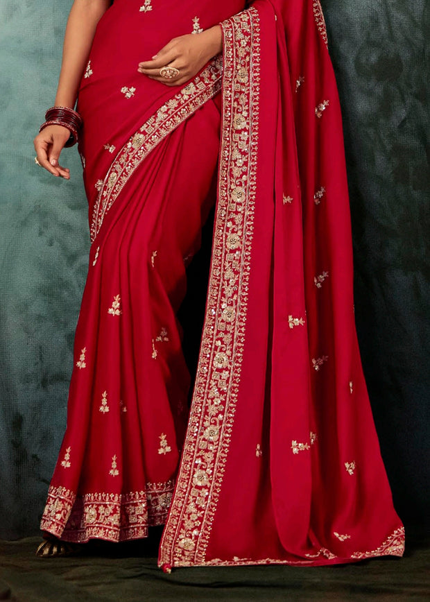 Flame Red Designer Embroidered Saree