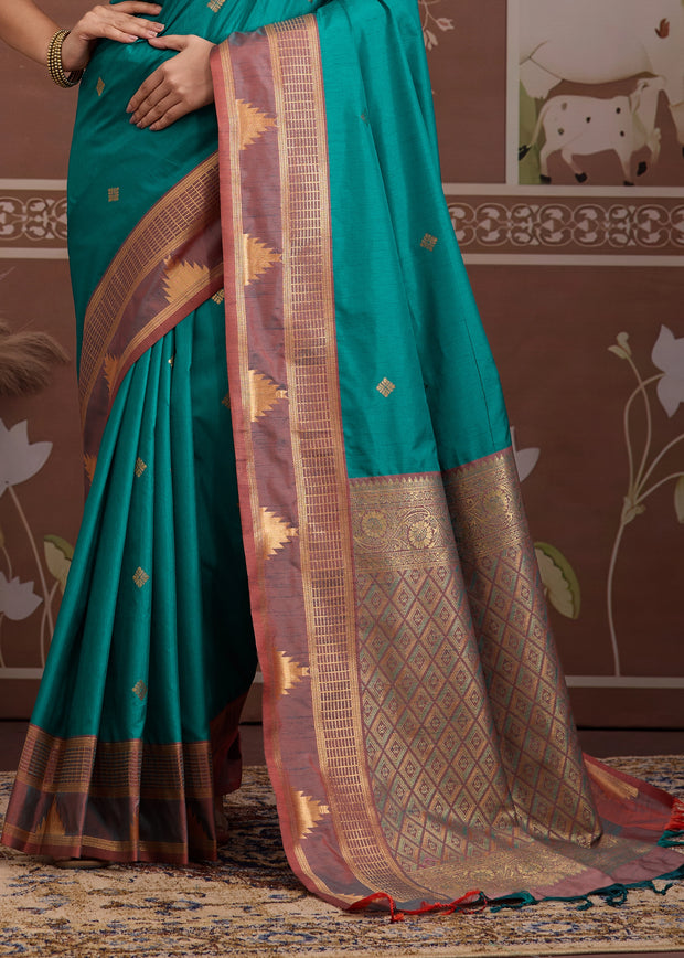 Sea Blue Woven Tussar Silk Saree