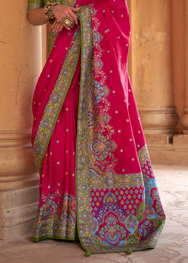 Princess Pink Printed Silk Saree With Contrast Blouse