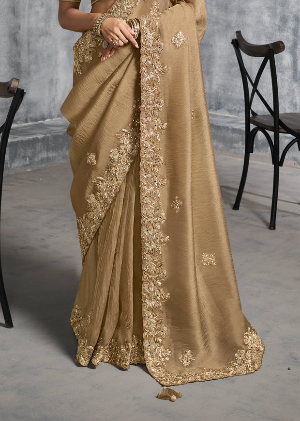 Almond Beige Embroidered Tissue Silk Saree