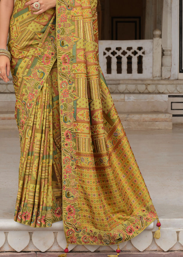 Celery Yellow Designer Embroidered Silk Saree