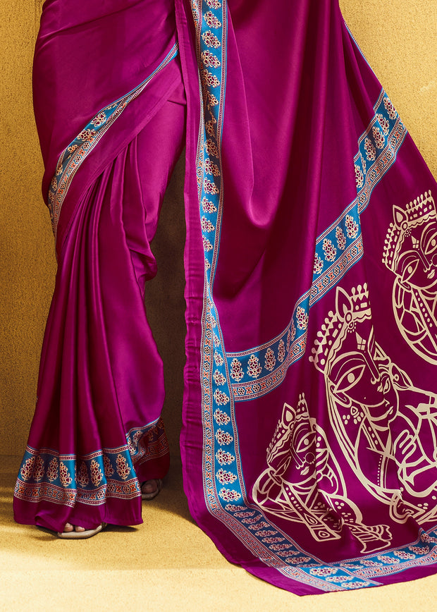 Plum Magenta Satin Silk Saree with Ajrakh Printed Pallu and Blouse
