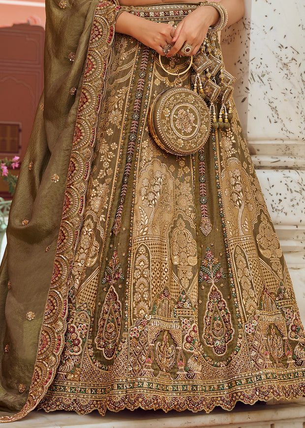 Olive Green Banarasi Silk Embroidered Lehenga