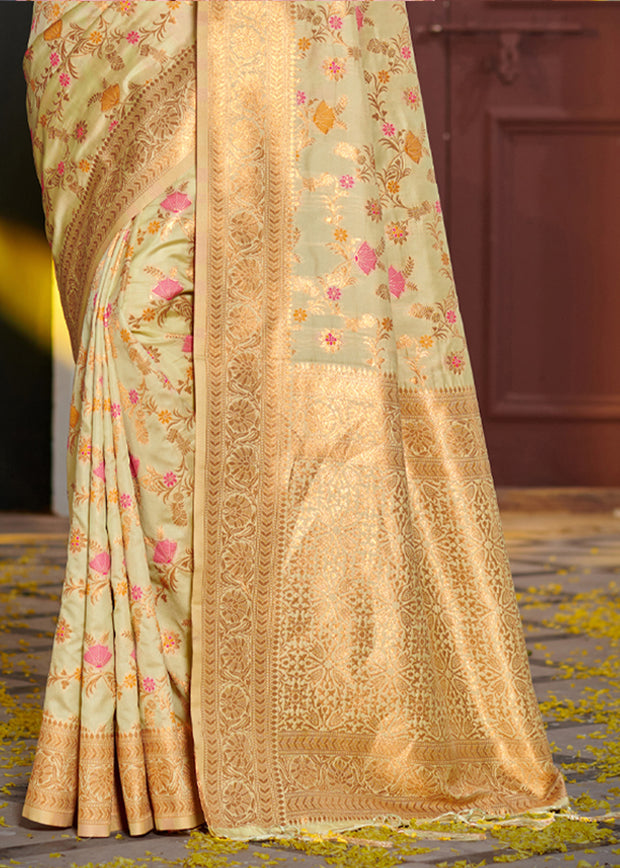 Pale Green Woven Banarasi Silk Saree With Brocade Blouse