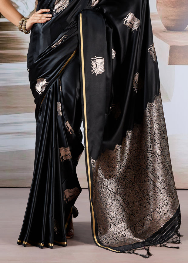 Jet Black Banarasi Satin Silk Saree