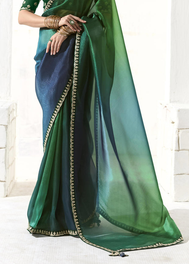 Jungle Green Designer Organza Tissue Silk Saree