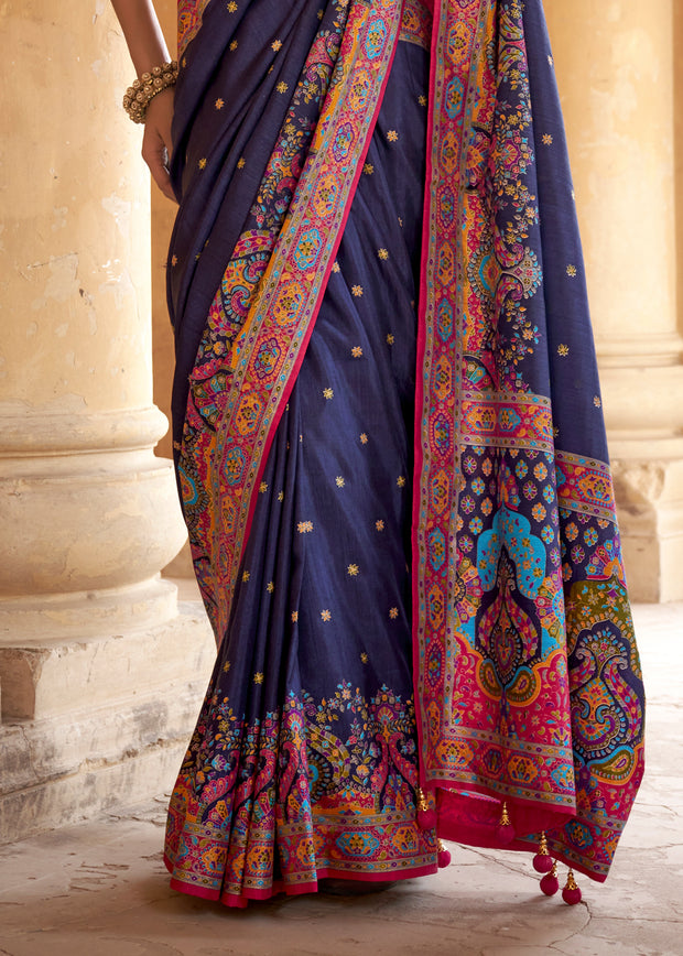 Navy Blue Printed Silk Saree With Contrast Blouse