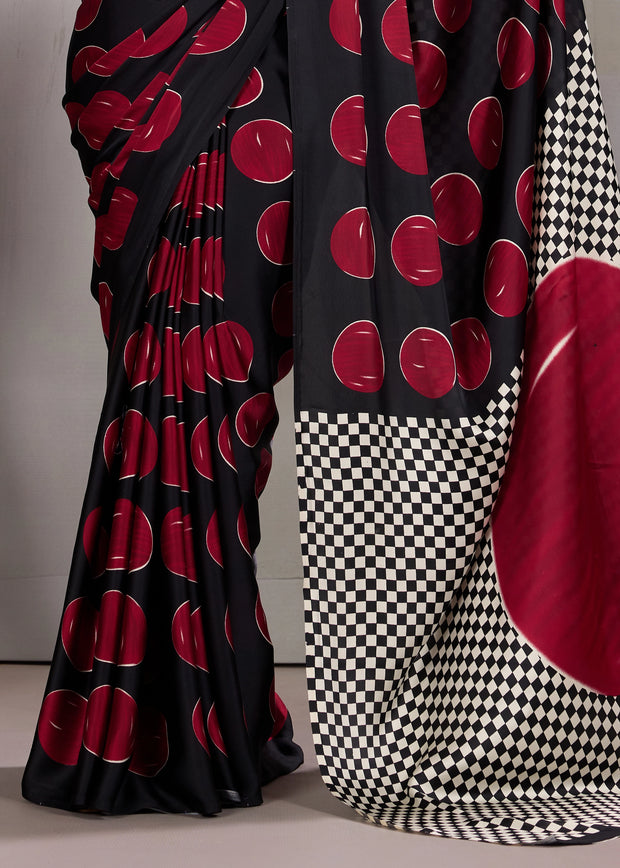 Red Printed Satin Silk Saree