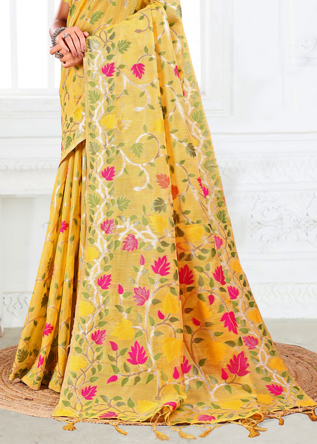Vibrant Yellow Woven Linen Cotton Silk Saree