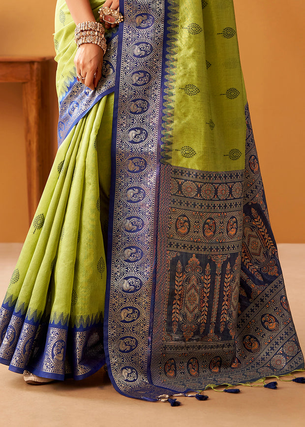 Lime Green Woven Banarasi Cotton Silk Saree