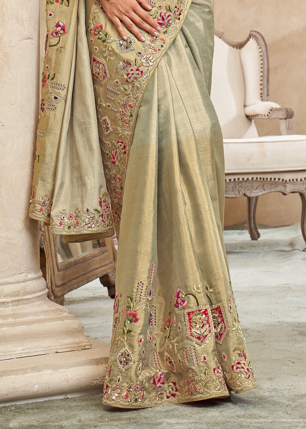 Pista Green Embroidered Designer Saree