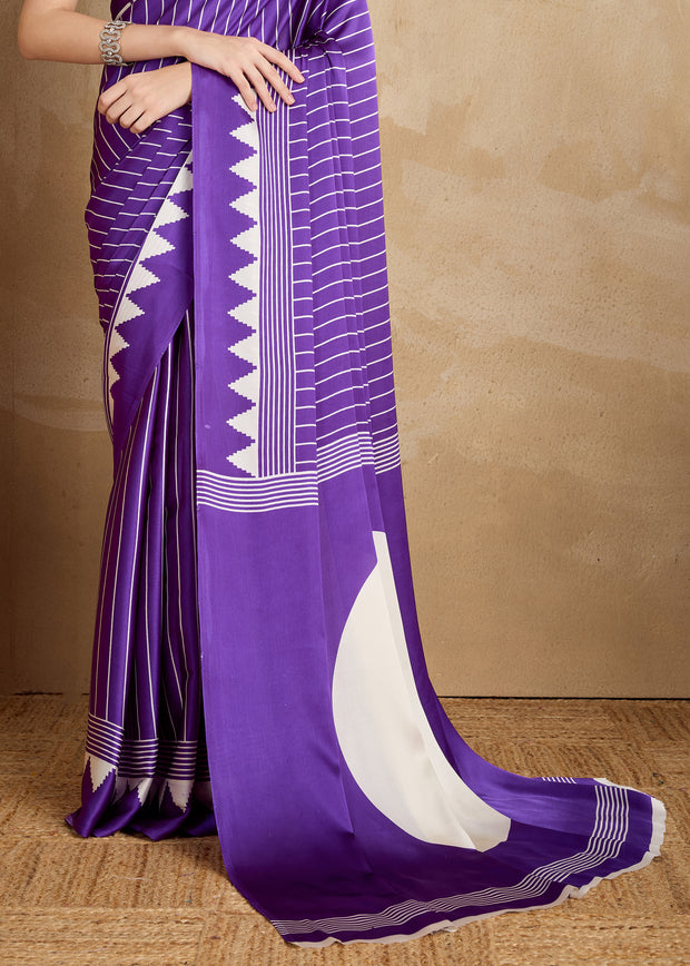 Rich Purple Printed Satin Silk Saree