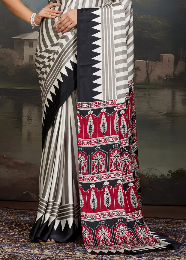 Black And White Printed Satin Silk Saree