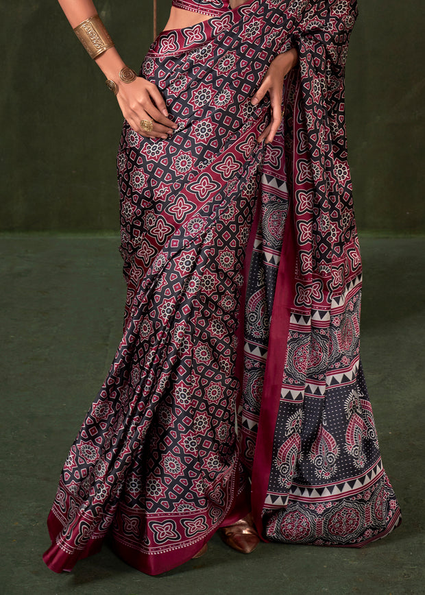 Beet Red Printed Satin Crepe Silk Saree