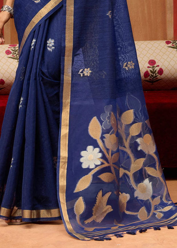 Midnight Blue Woven Cotton Silk Saree