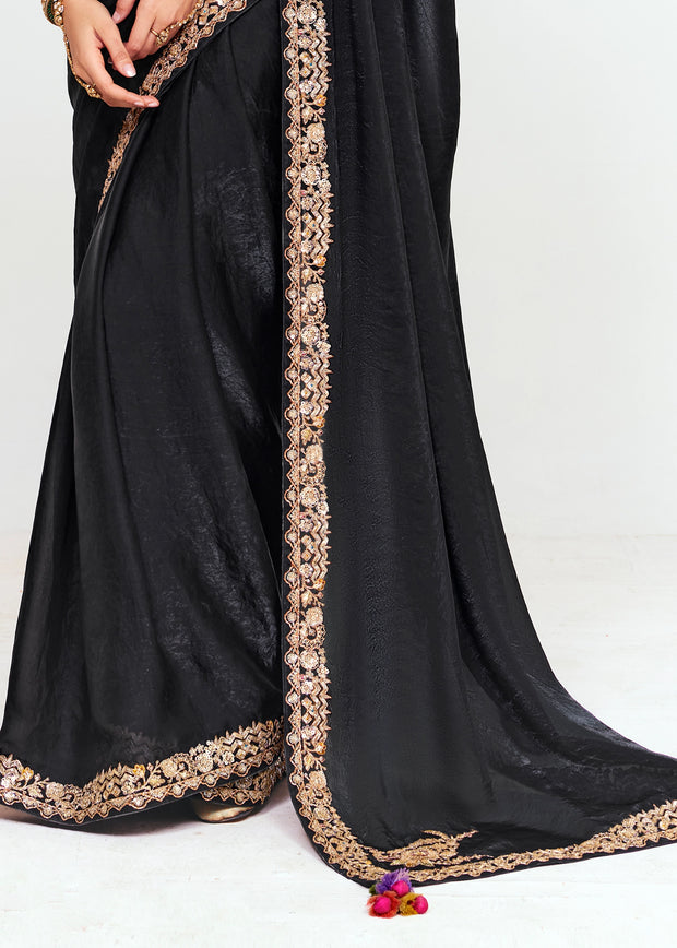Jet Black Designer Embroidered Tissue Saree