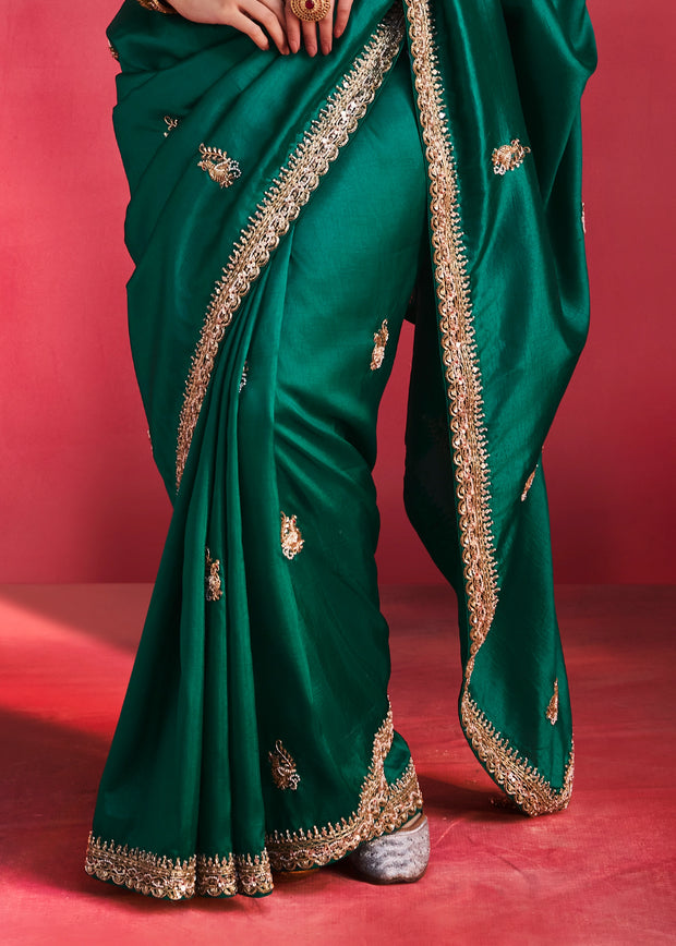 Deep Teal Green Embroidered Soft Silk Saree With Contrast Blouse