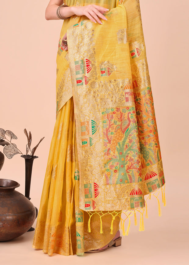 Blazing Yellow Woven Linen Cotton Silk Saree