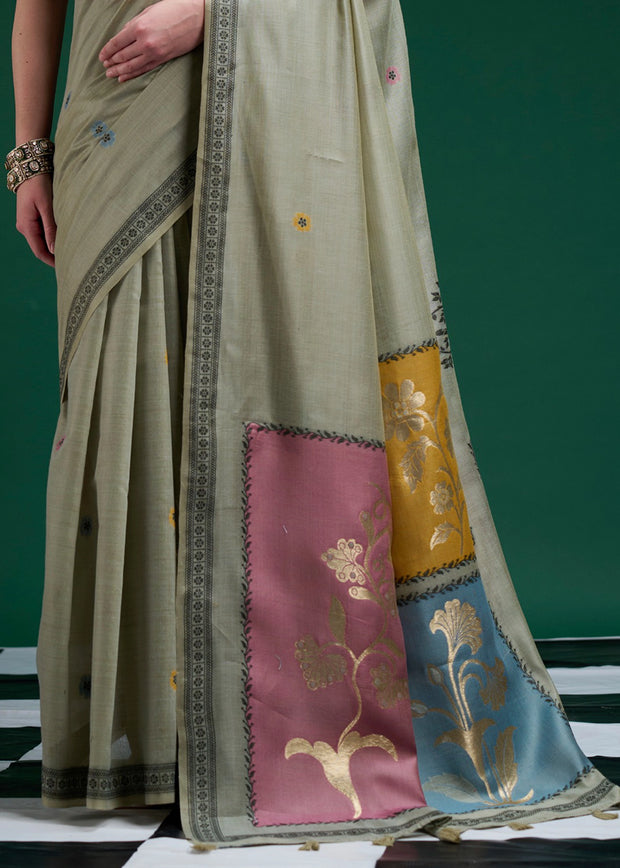 Sage Grey Woven Cotton Jamdani Saree