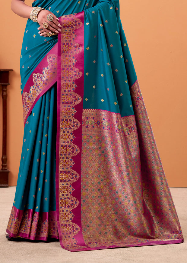 Teal Blue Banarasi Satin Silk Saree