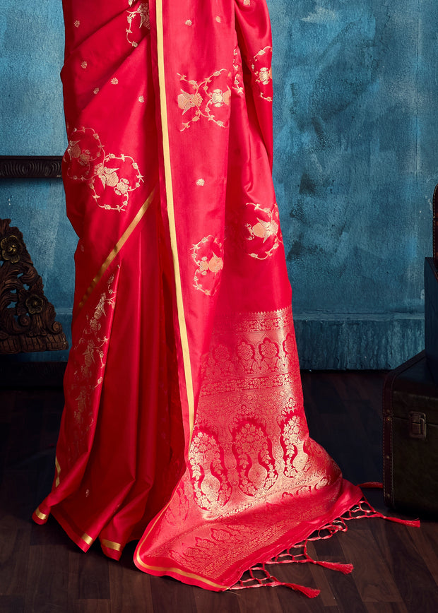 Vermilion Red Woven Banarasi Satin Silk Saree