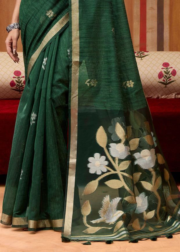 Forest Green Woven Cotton Silk Saree