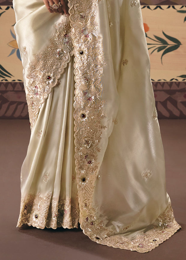 Snow White Embroidered Designer Saree