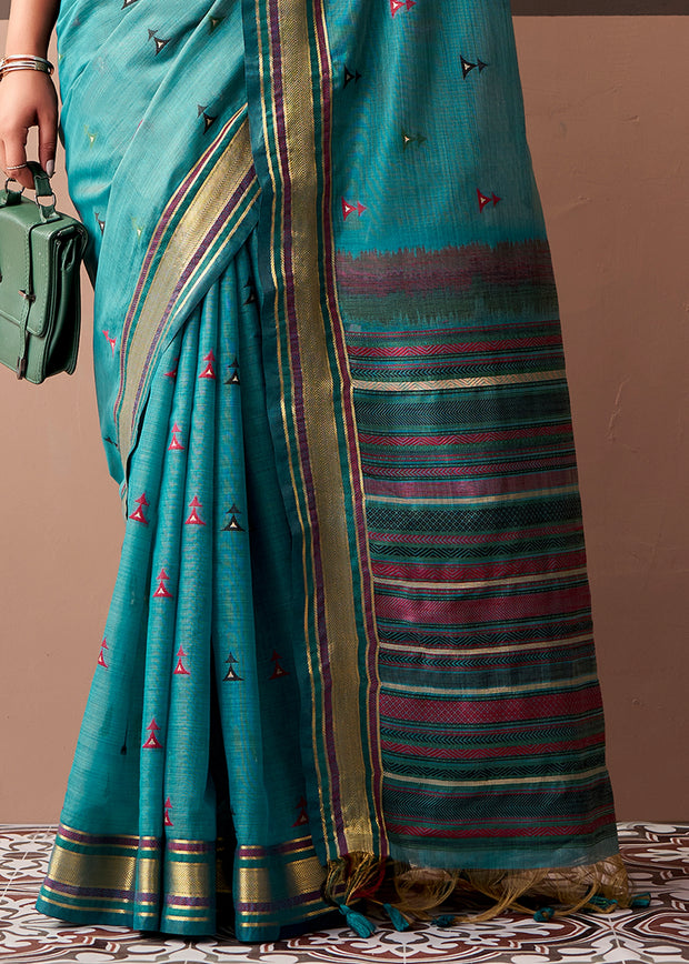 Teal Blue Woven Cotton Silk Saree
