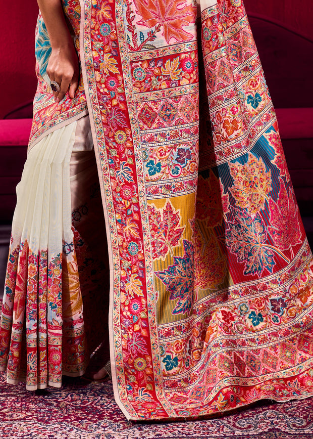 Bright white Woven Cotton Kashmiri Jamewar Saree