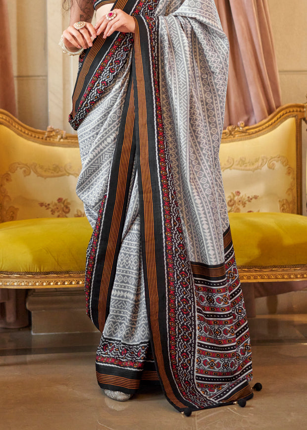 Black And White Printed Soft Silk Saree