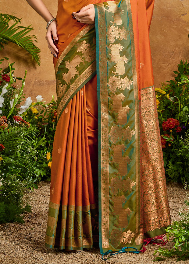 Burnt Orange Woven Banarasi Silk Saree