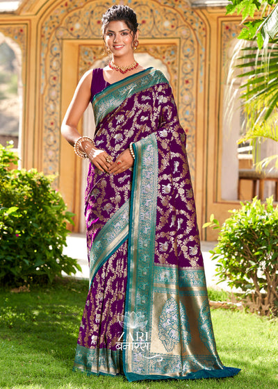 Sherbagh: Banarasi Shikargah Katan Silk Saree with Zari Floral Jaal in Shades of Purple (7659254841537) (7721087959233)