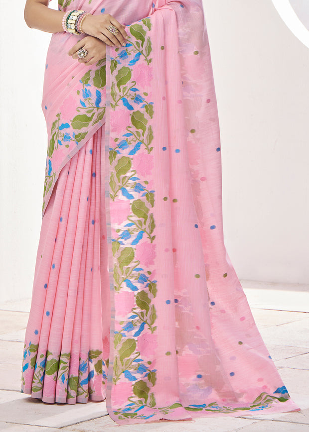 Baby Pink Woven Linen Silk Saree