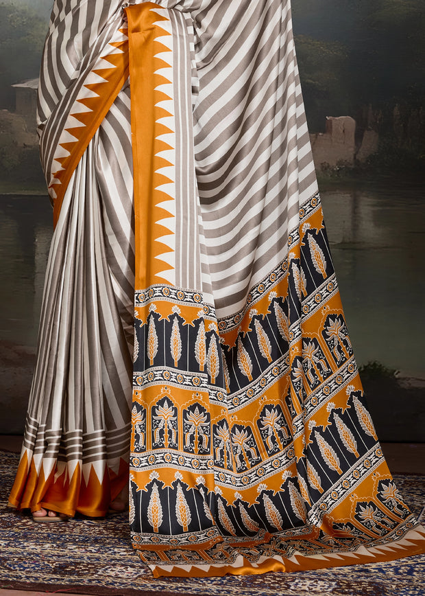 Golden Yellow And White Printed Satin Silk Saree