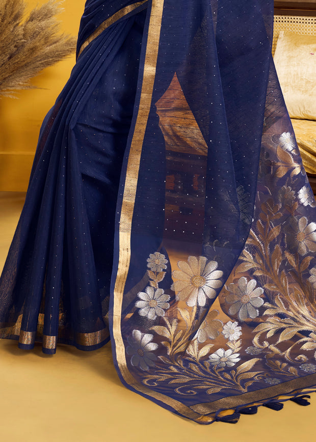 Navy Blue Woven Cotton Silk Saree
