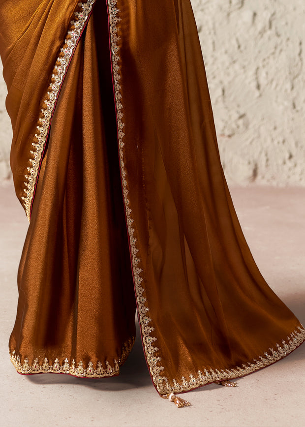 Copper Brown Designer Organza Tissue Silk Saree With Printed Blouse